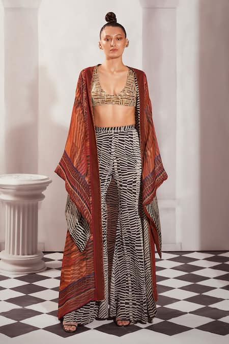 Shop Nikita Mhaisalkar Orange Georgette Embroidery Open Neck Byzantine Print Jacket Online at Aza Fashions Shop_Nikita Mhaisalkar_Orange Georgette Embroidery Open Neck Byzantine Print Jacket _Online_at_Aza_Fashions