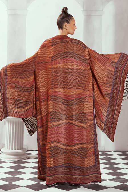 Shop Nikita Mhaisalkar Orange Georgette Embroidery Open Neck Byzantine Print Jacket at Aza Fashions Shop_Nikita Mhaisalkar_Orange Georgette Embroidery Open Neck Byzantine Print Jacket _at_Aza_Fashions