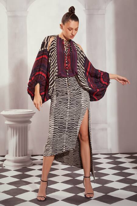 Nikita Mhaisalkar Black Silk, Crepe Off-shoulder Byzantine Print Top at Aza Fashions Nikita Mhaisalkar_Black Silk, Crepe Off-shoulder Byzantine Print Top _at_Aza_Fashions