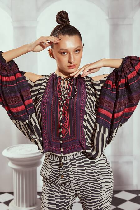 Shop Nikita Mhaisalkar Black Silk, Crepe Off-shoulder Byzantine Print Top Shop_Nikita Mhaisalkar_Black Silk, Crepe Off-shoulder Byzantine Print Top