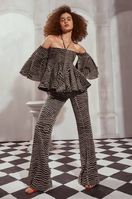 Nikita Mhaisalkar Black Georgette Sequins Byzantine Print Flared Pant Online at Aza Fashions Nikita Mhaisalkar_Black Georgette Sequins Byzantine Print Flared Pant _Online_at_Aza_Fashions