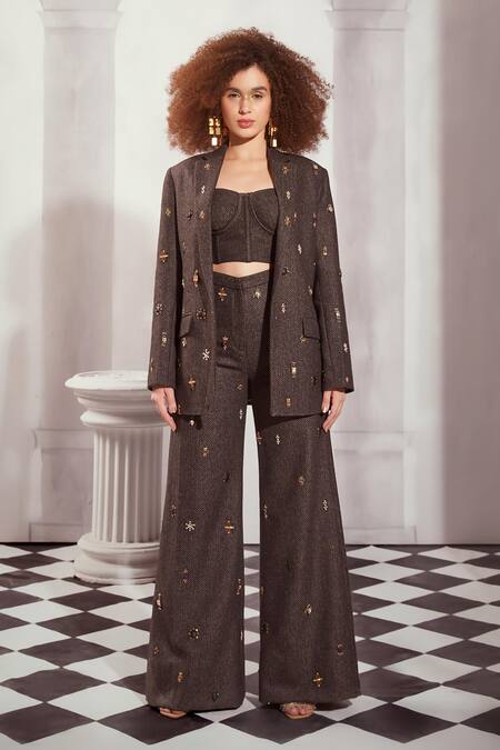 Buy_Nikita Mhaisalkar_Grey Tweed Embroidery Sweetheart Neck Jewel Blazer Pant Set _Online_at_Aza_Fashions
