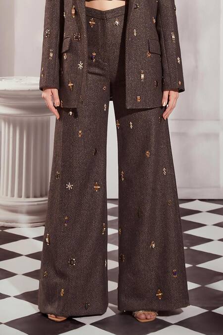 Shop_Nikita Mhaisalkar_Grey Tweed Embroidery Sweetheart Neck Jewel Blazer Pant Set _Online_at_Aza_Fashions
