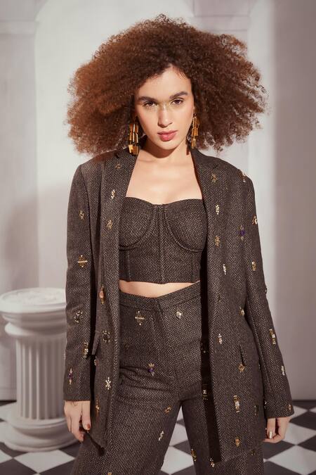 Nikita Mhaisalkar_Grey Tweed Embroidery Sweetheart Neck Jewel Blazer Pant Set _at_Aza_Fashions