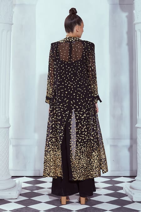 Shop Nikita Mhaisalkar Black Organza, Lurex Embroidery Collared, Split V-neck Jacket With Jumpsuit at Aza Fashions Shop_Nikita Mhaisalkar_Black Organza, Lurex Embroidery Collared, Split V-neck Jacket With Jumpsuit _at_Aza_Fashions