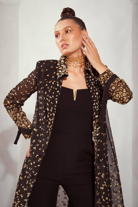 Nikita Mhaisalkar Black Organza, Lurex Embroidery Collared, Split V-neck Jacket With Jumpsuit Online at Aza Fashions Nikita Mhaisalkar_Black Organza, Lurex Embroidery Collared, Split V-neck Jacket With Jumpsuit _Online_at_Aza_Fashions