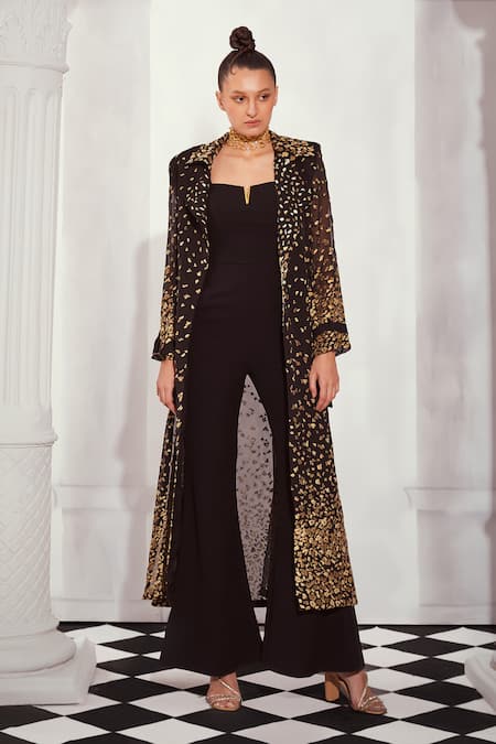 Buy Nikita Mhaisalkar Black Organza, Lurex Embroidery Collared, Split V-neck Jacket With Jumpsuit Online at Aza Fashions Buy_Nikita Mhaisalkar_Black Organza, Lurex Embroidery Collared, Split V-neck Jacket With Jumpsuit _Online_at_Aza_Fashions