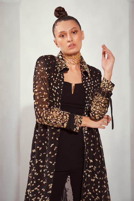 Shop Nikita Mhaisalkar Black Organza, Lurex Embroidery Collared, Split V-neck Jacket With Jumpsuit Online at Aza Fashions Shop_Nikita Mhaisalkar_Black Organza, Lurex Embroidery Collared, Split V-neck Jacket With Jumpsuit _Online_at_Aza_Fashions