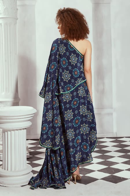 Shop_Nikita Mhaisalkar_Blue Silk, Crepe One Shoulder Mosaic Print Dress _at_Aza_Fashions