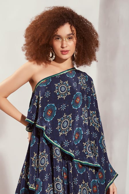 Shop_Nikita Mhaisalkar_Blue Silk, Crepe One Shoulder Mosaic Print Dress _Online_at_Aza_Fashions