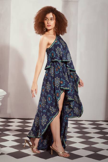 Nikita Mhaisalkar_Blue Silk, Crepe One Shoulder Mosaic Print Dress _at_Aza_Fashions