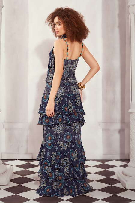 Shop Nikita Mhaisalkar Blue Georgette Sequins V-neck Mosaic Print Maxi Dress With Scarf at Aza Fashions Shop_Nikita Mhaisalkar_Blue Georgette Sequins V-neck Mosaic Print Maxi Dress With Scarf _at_Aza_Fashions