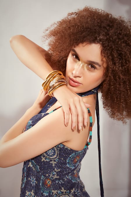 Nikita Mhaisalkar Blue Georgette Sequins V-neck Mosaic Print Maxi Dress With Scarf Online at Aza Fashions Nikita Mhaisalkar_Blue Georgette Sequins V-neck Mosaic Print Maxi Dress With Scarf _Online_at_Aza_Fashions