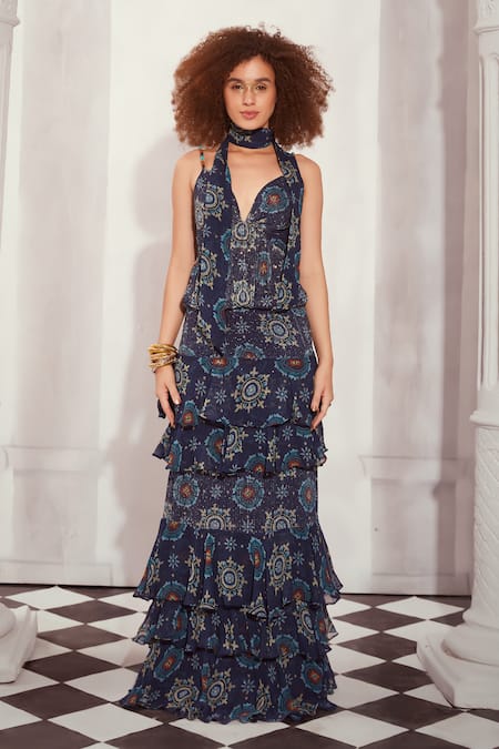 Buy Nikita Mhaisalkar Blue Georgette Sequins V-neck Mosaic Print Maxi Dress With Scarf Online at Aza Fashions Buy_Nikita Mhaisalkar_Blue Georgette Sequins V-neck Mosaic Print Maxi Dress With Scarf _Online_at_Aza_Fashions