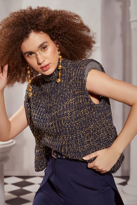 Nikita Mhaisalkar_Blue Kota Doria High Neck Basket Weave Top _Online_at_Aza_Fashions