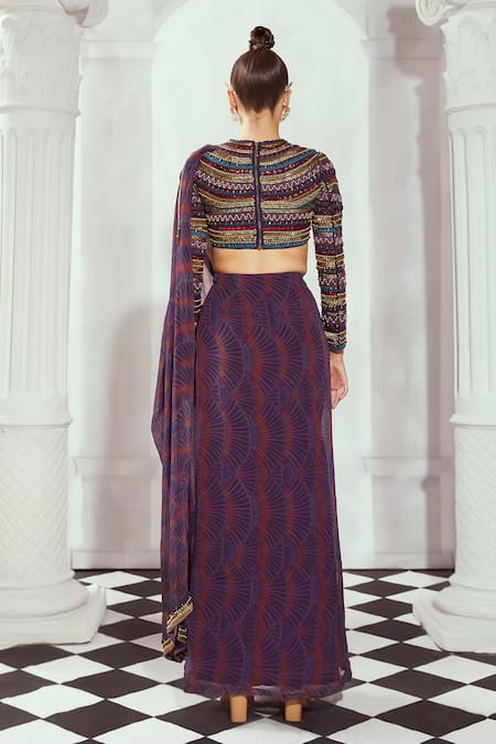 Shop Nikita Mhaisalkar Multi Color Tulle Embroidery Round Neck Printed And Crop Top at Aza Fashions Shop_Nikita Mhaisalkar_Multi Color Tulle Embroidery Round Neck Printed And Crop Top _at_Aza_Fashions