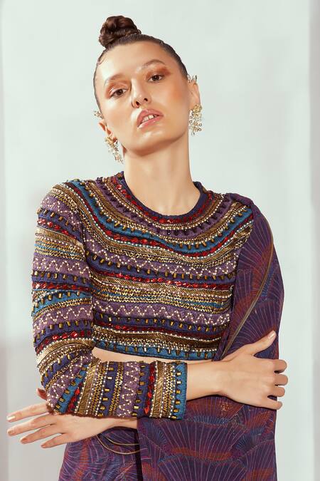Nikita Mhaisalkar Multi Color Tulle Embroidery Round Neck Printed And Crop Top Online at Aza Fashions Nikita Mhaisalkar_Multi Color Tulle Embroidery Round Neck Printed And Crop Top _Online_at_Aza_Fashions