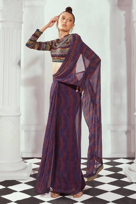 Shop Nikita Mhaisalkar Multi Color Tulle Embroidery Round Neck Printed And Crop Top Online at Aza Fashions Shop_Nikita Mhaisalkar_Multi Color Tulle Embroidery Round Neck Printed And Crop Top _Online_at_Aza_Fashions