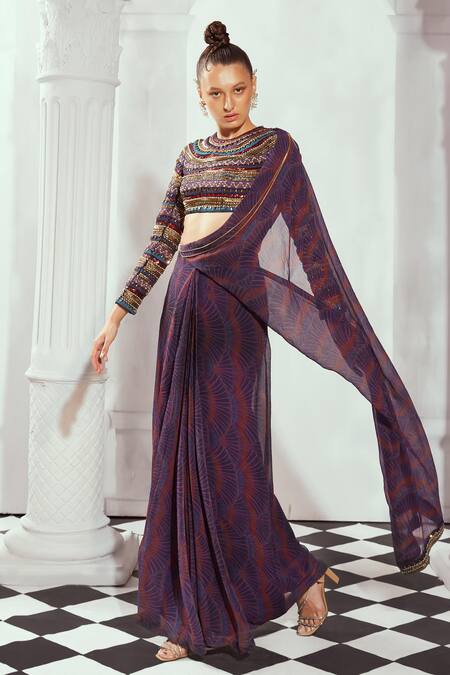 Nikita Mhaisalkar Multi Color Tulle Embroidery Round Neck Printed And Crop Top at Aza Fashions Nikita Mhaisalkar_Multi Color Tulle Embroidery Round Neck Printed And Crop Top _at_Aza_Fashions