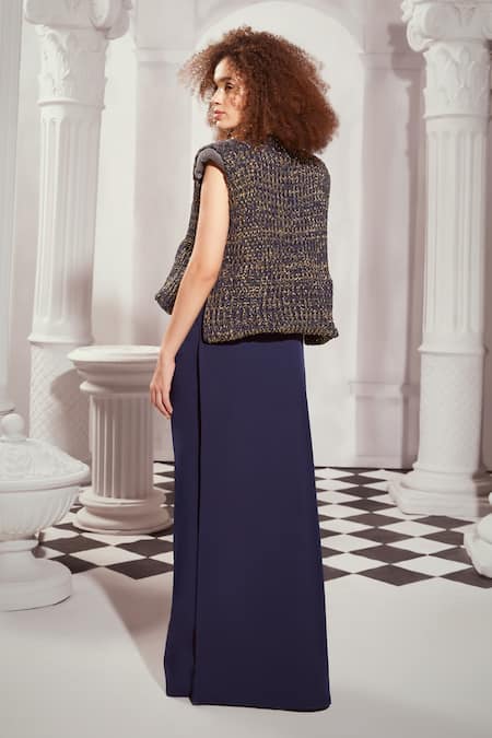 Shop Nikita Mhaisalkar Blue Silk, Crepe Solid Round-up Pant at Aza Fashions Shop_Nikita Mhaisalkar_Blue Silk, Crepe Solid Round-up Pant _at_Aza_Fashions