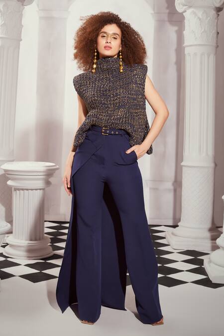 Buy Nikita Mhaisalkar Blue Silk, Crepe Solid Round-up Pant Online at Aza Fashions Buy_Nikita Mhaisalkar_Blue Silk, Crepe Solid Round-up Pant _Online_at_Aza_Fashions