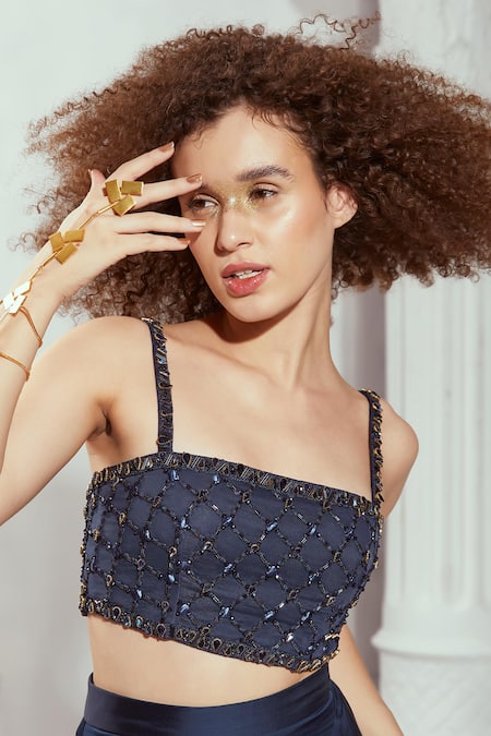 Buy_Nikita Mhaisalkar_Blue Tulle Embroidery Square Neck Stone Embellished Top _Online_at_Aza_Fashions