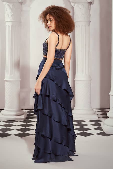 Shop_Nikita Mhaisalkar_Blue Tulle Embroidery Square Neck Stone Embellished Top _Online_at_Aza_Fashions