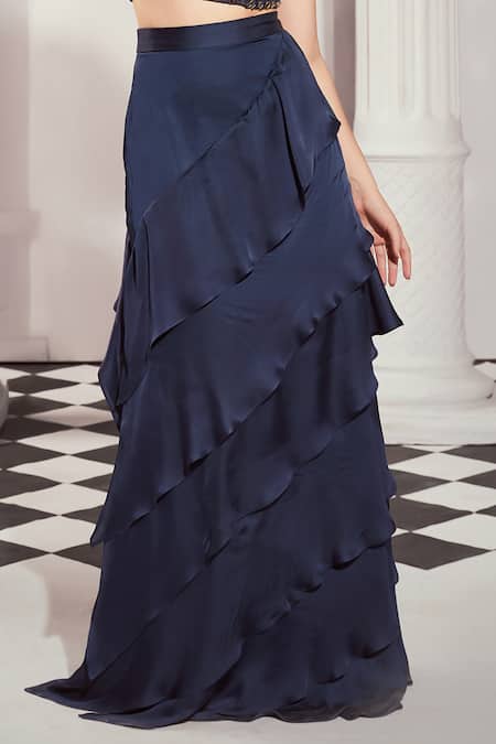Nikita Mhaisalkar Blue Silk Satin Solid High-waisted Layered Skirt Online at Aza Fashions Nikita Mhaisalkar_Blue Silk Satin Solid High-waisted Layered Skirt _Online_at_Aza_Fashions