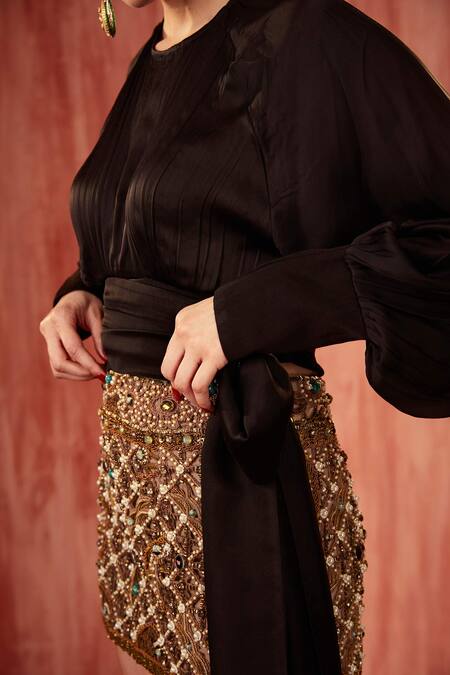 Buy Nikita Mhaisalkar Black Silk Satin Round Neck Tie-up Top Online at Aza Fashions Buy_Nikita Mhaisalkar_Black Silk Satin Round Neck Tie-up Top _Online_at_Aza_Fashions