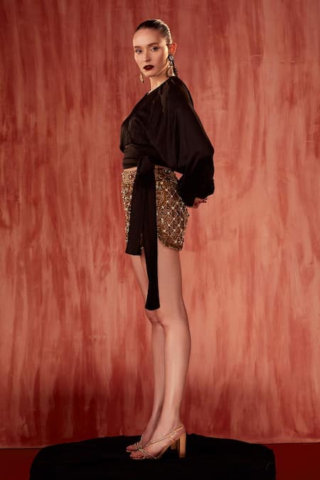 Buy Nikita Mhaisalkar Gold Tulle Pearls Jeweled Cutwork Short Skirt Online at Aza Fashions Buy_Nikita Mhaisalkar_Gold Tulle Pearls Jeweled Cutwork Short Skirt _Online_at_Aza_Fashions