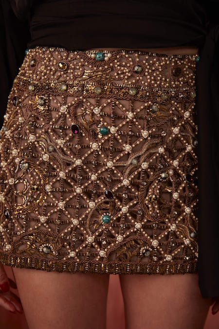 Shop Nikita Mhaisalkar Gold Tulle Pearls Jeweled Cutwork Short Skirt Online at Aza Fashions Shop_Nikita Mhaisalkar_Gold Tulle Pearls Jeweled Cutwork Short Skirt _Online_at_Aza_Fashions