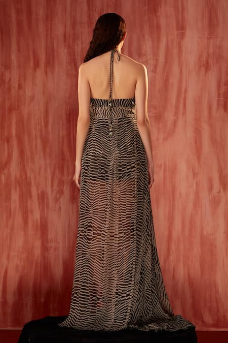 Shop_Nikita Mhaisalkar_Black Chiffon Pearls Halter Neck Placed Jeweled Byzantine Gown _at_Aza_Fashions