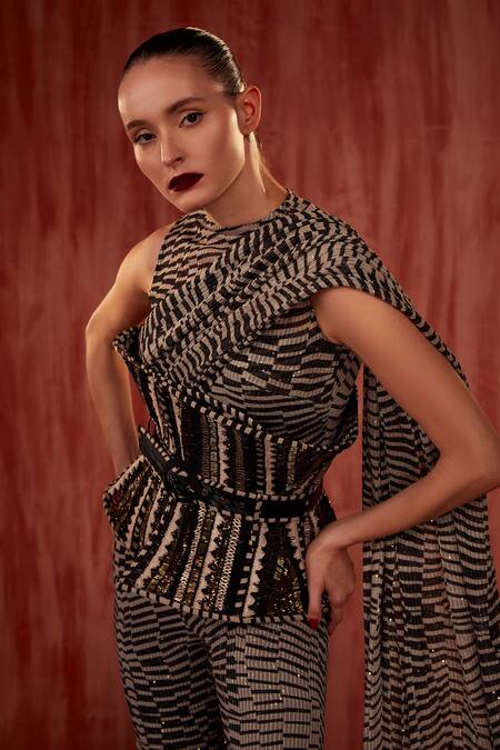 Nikita Mhaisalkar Black Georgette Sequins, Embroidery Byzantine Corset With Belt Online at Aza Fashions Nikita Mhaisalkar_Black Georgette Sequins, Embroidery Byzantine Corset With Belt _Online_at_Aza_Fashions