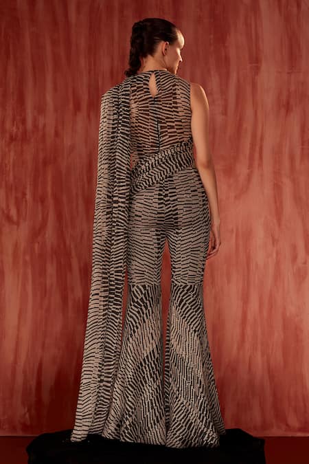 Shop_Nikita Mhaisalkar_Black Georgette Sequins Crew Neck Byzantine Print Bodysuit And Draped Pant Set _at_Aza_Fashions