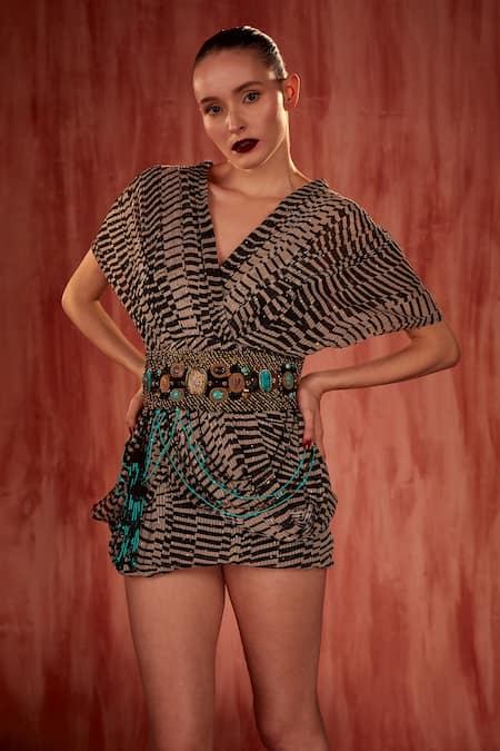 Buy_Nikita Mhaisalkar_Black Georgette Stones V-neck Byzantine Short Dress _Online_at_Aza_Fashions