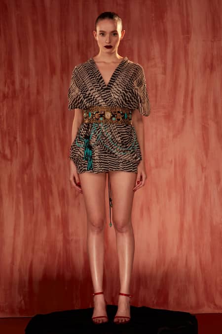 Buy_Nikita Mhaisalkar_Black Georgette Stones V-neck Byzantine Short Dress 