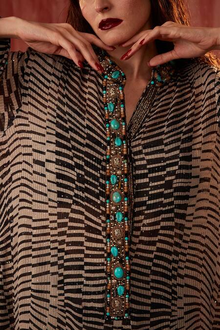 Nikita Mhaisalkar_Black V-neck Byzantine Jeweled Embroidered Slip Cover-up Dress _Online_at_Aza_Fashions