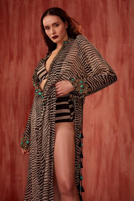 Shop_Nikita Mhaisalkar_Black Silk, Crepe Byzantine Bralette And Under Pant Set _Online_at_Aza_Fashions