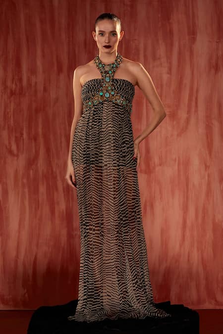 Nikita Mhaisalkar Black Georgette Crystals, Embroidery Halter Neck Byzantine Jeweled Dress Online at Aza Fashions Nikita Mhaisalkar_Black Georgette Crystals, Embroidery Halter Neck Byzantine Jeweled Dress _Online_at_Aza_Fashions