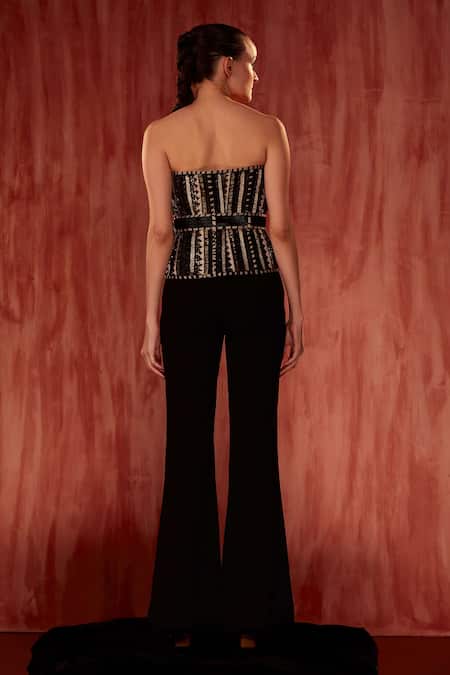 Shop Nikita Mhaisalkar Black Tulle Embroidery Square Neck Byzantine Cutwork Corset With Belt at Aza Fashions Shop_Nikita Mhaisalkar_Black Tulle Embroidery Square Neck Byzantine Cutwork Corset With Belt _at_Aza_Fashions