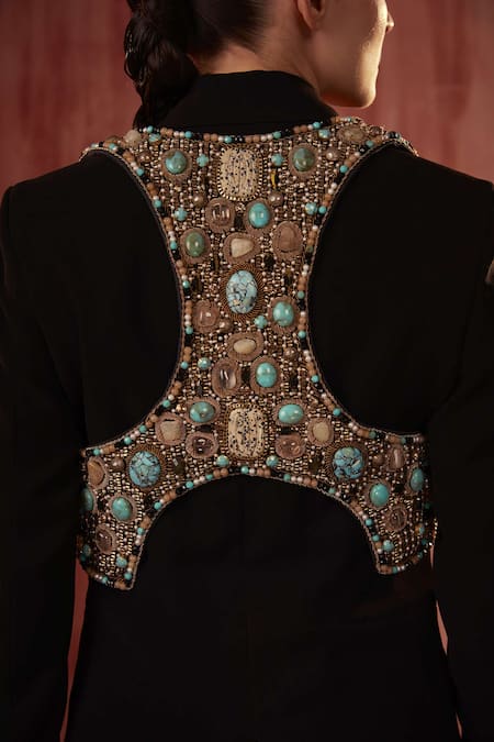 Shop Nikita Mhaisalkar Black Lace, Cotton Embroidery V-neck Bell Bottom Pant Set With Jeweled Jacket at Aza Fashions Shop_Nikita Mhaisalkar_Black Lace, Cotton Embroidery V-neck Bell Bottom Pant Set With Jeweled Jacket _at_Aza_Fashions