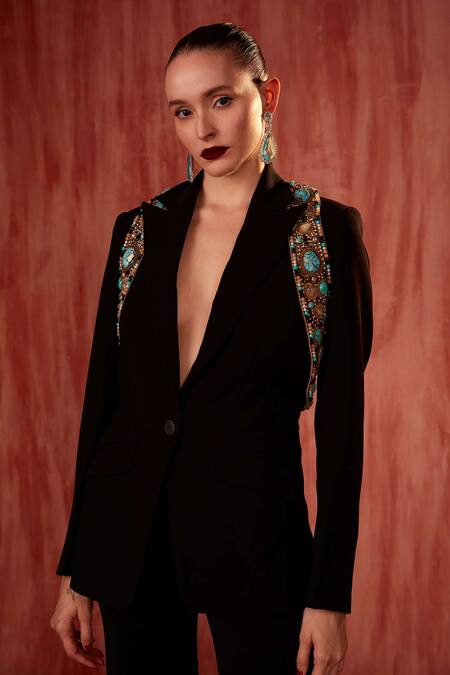 Shop Nikita Mhaisalkar Black Lace, Cotton Embroidery V-neck Bell Bottom Pant Set With Jeweled Jacket Online at Aza Fashions Shop_Nikita Mhaisalkar_Black Lace, Cotton Embroidery V-neck Bell Bottom Pant Set With Jeweled Jacket _Online_at_Aza_Fashions