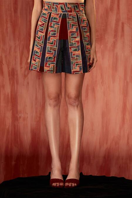 Buy_Nikita Mhaisalkar_Multi Color Silk, Crepe Embroidery Tile Thread Shorts _Online_at_Aza_Fashions