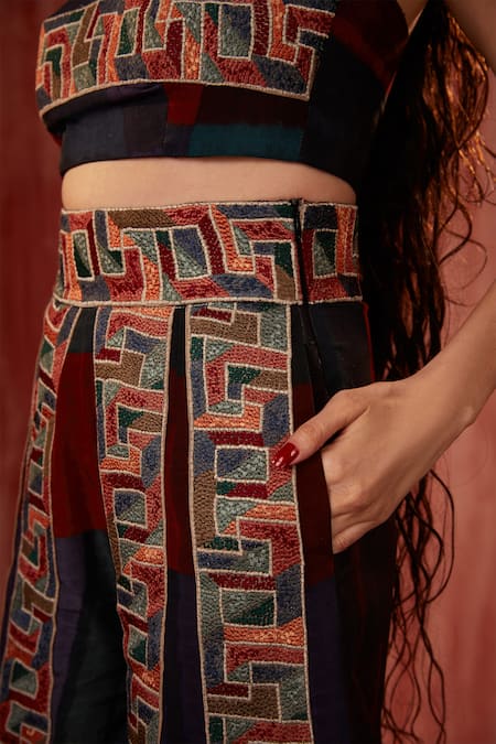 Nikita Mhaisalkar_Multi Color Silk, Crepe Embroidery Tile Thread Shorts _at_Aza_Fashions