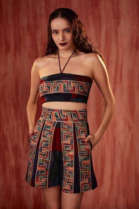 Buy_Nikita Mhaisalkar_Multi Color Silk, Crepe Embroidery Round Neck Tile Thread Tube Top _Online_at_Aza_Fashions