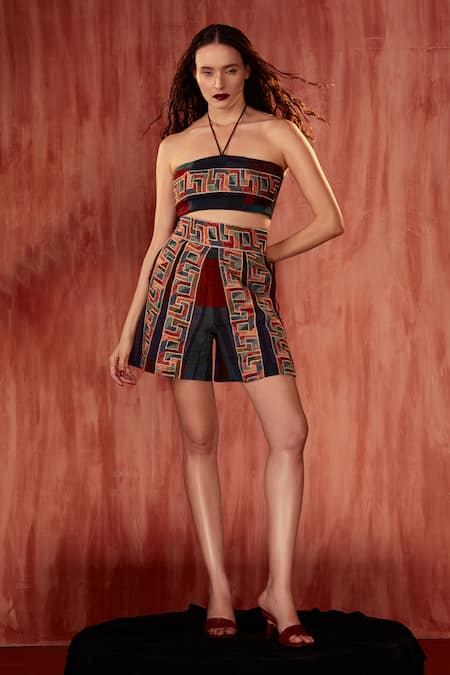 Shop_Nikita Mhaisalkar_Multi Color Silk, Crepe Embroidery Round Neck Tile Thread Tube Top _Online_at_Aza_Fashions