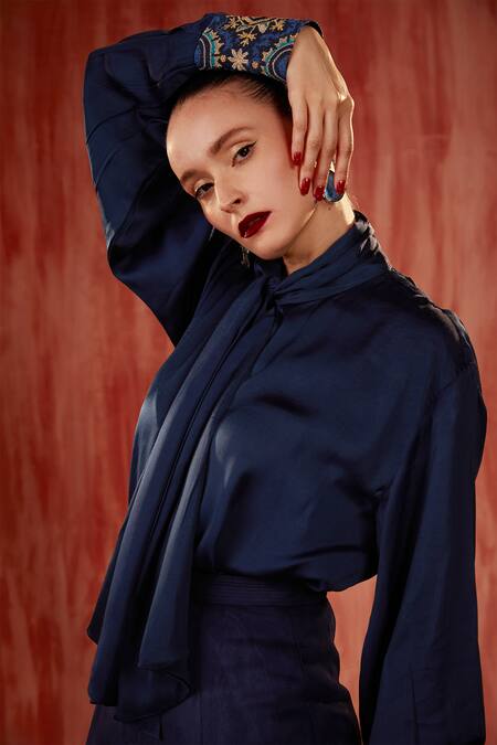 Nikita Mhaisalkar Blue Silk Satin Embroidery High Neck Cuffs Bow Tie Top Online at Aza Fashions Nikita Mhaisalkar_Blue Silk Satin Embroidery High Neck Cuffs Bow Tie Top _Online_at_Aza_Fashions
