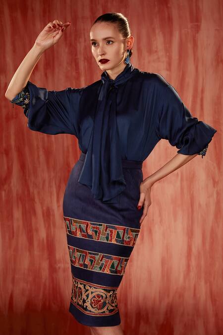 Buy Nikita Mhaisalkar Blue Silk Satin Embroidery High Neck Cuffs Bow Tie Top Online at Aza Fashions Buy_Nikita Mhaisalkar_Blue Silk Satin Embroidery High Neck Cuffs Bow Tie Top _Online_at_Aza_Fashions
