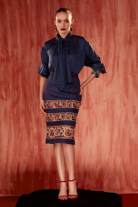 Nikita Mhaisalkar Blue Faux Suede Embroidered Tile Thread Pencil Skirt 