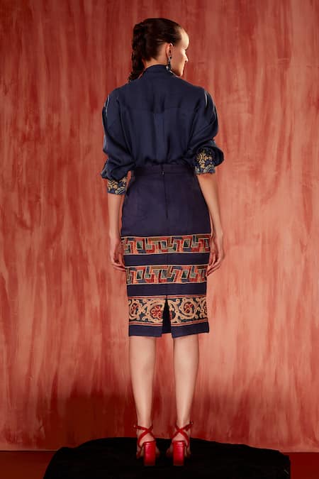 Shop Nikita Mhaisalkar Blue Faux Leather Embroidery Tile Thread Pencil Skirt at Aza Fashions Shop_Nikita Mhaisalkar_Blue Faux Leather Embroidery Tile Thread Pencil Skirt _at_Aza_Fashions